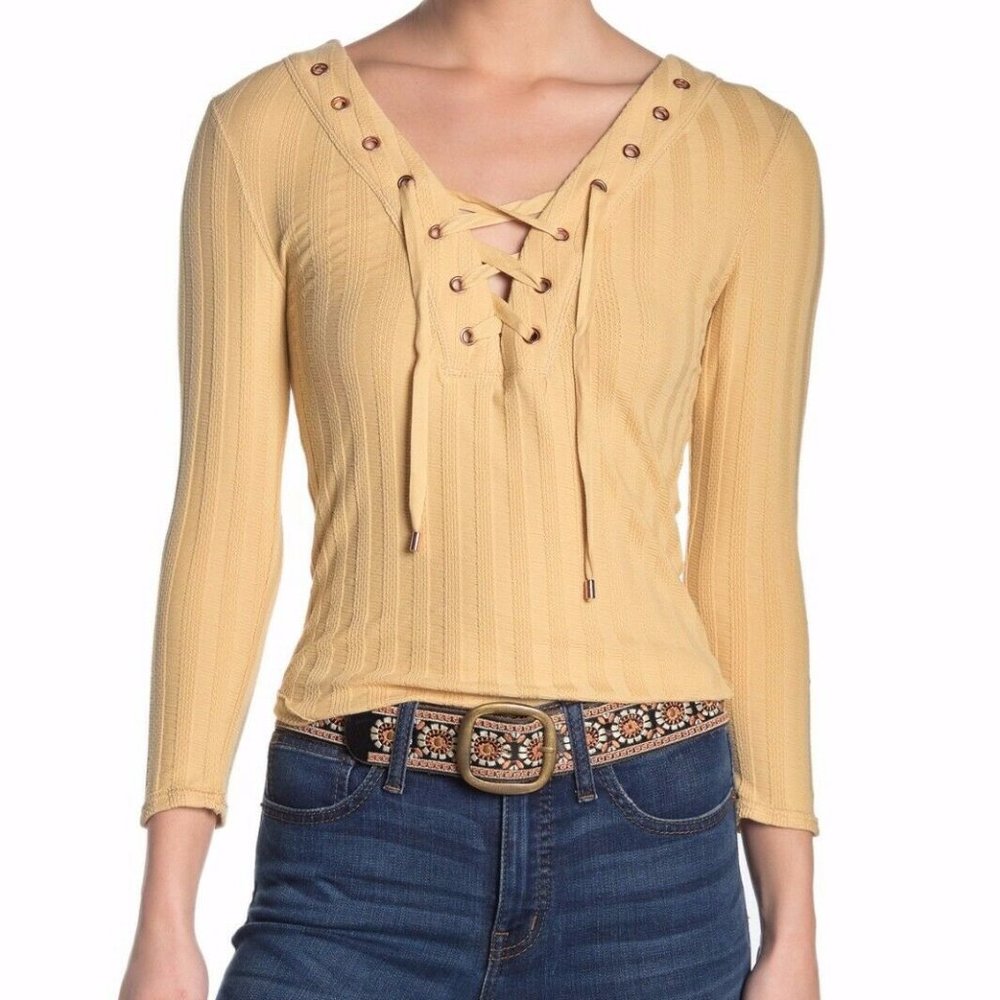 Free People Yellow Lace-Up Top